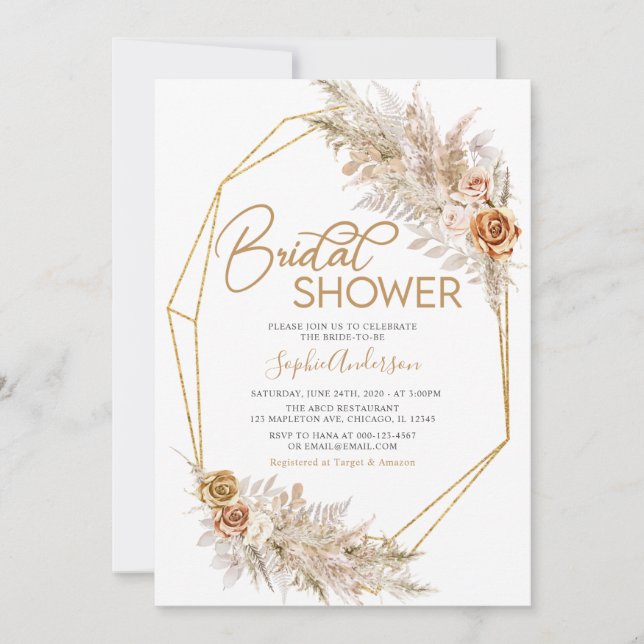 Boho Rose Pampas Grass Bohemian Bridal Shower Invitation (Front)
