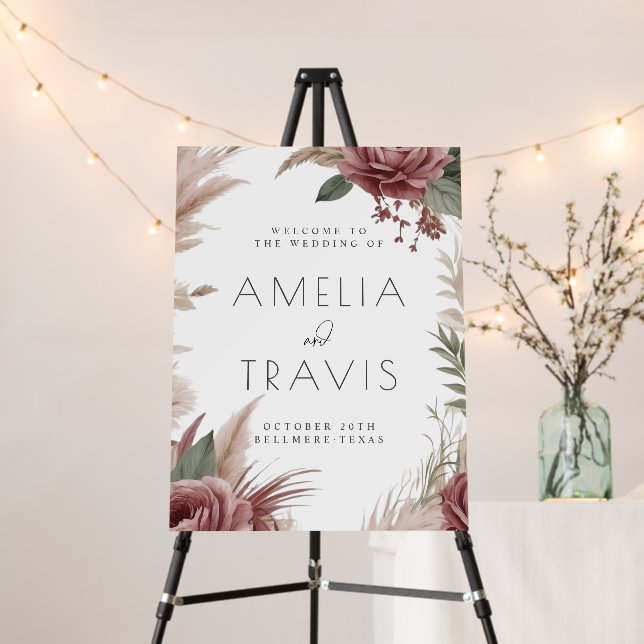 Boho Rose Pampas Wedding Welcome Sign (In Situ (Stand))