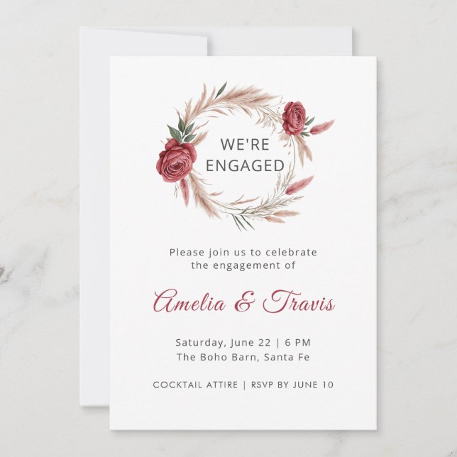 Boho Rose Pampas We're Engaged Floral Engagement I Invitation (Front)