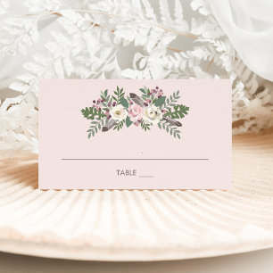 Boho Rose Pink Moody Floral Monogram Wedding Place Card
