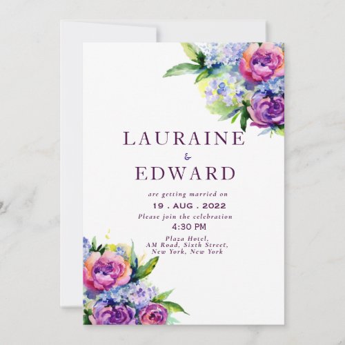 Boho Roses and peonies purple watercolor bouquet  Invitation
