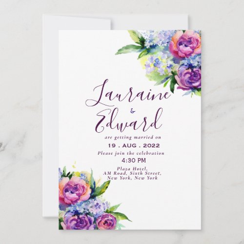 Boho Roses and peonies purple watercolor bouquet  Invitation