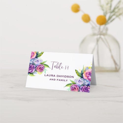 Boho Roses and peonies purple watercolor bouquet  Place Card