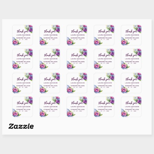 Boho Roses and peonies purple watercolor bouquet  Square Sticker