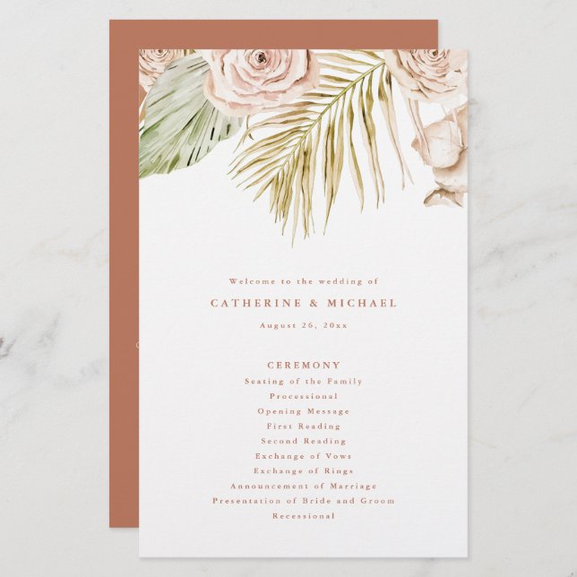 Boho Roses and Tropical Leaves Wedding Program (Front/Back)