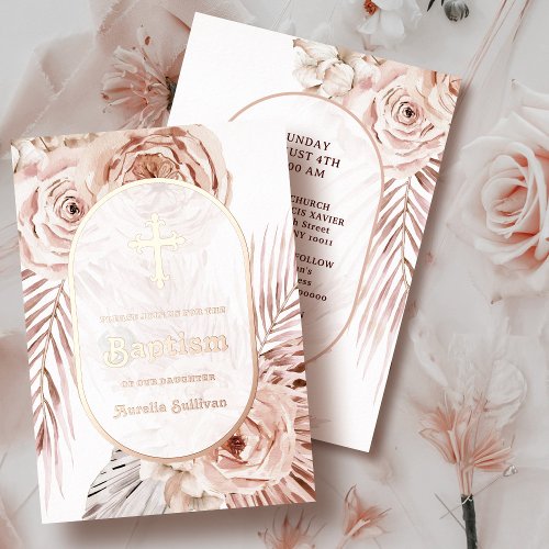 Boho Roses Baptism Foil Invitation