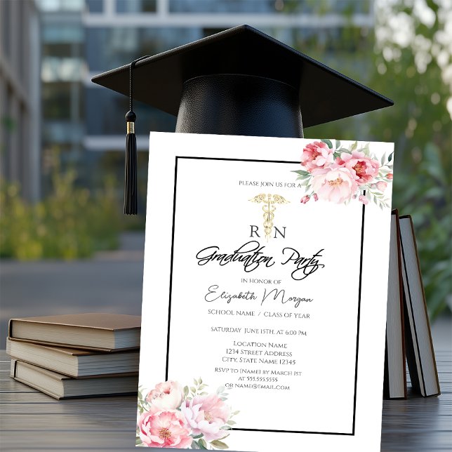 Boho Roses Black Frame RN Nurse Graduation Party  Invitation (Creator Uploaded)