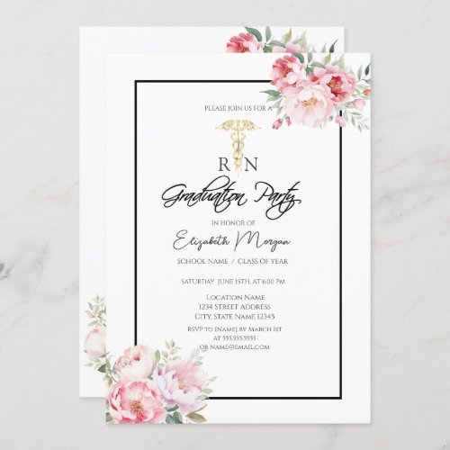 Boho Roses Black Frame RN Nurse Graduation Party  Invitation