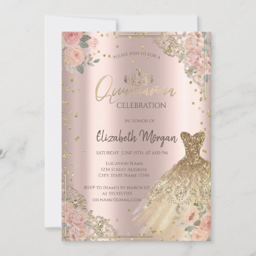 Boho Roses Diamonds Dress Rose Gold Invitation