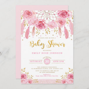 Boho Roses Dreamcatcher Pink Gold Girl Baby Shower Invitation