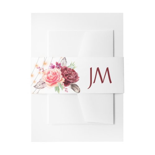 Boho Roses Feathers Lights Monogram Wedding Invitation Belly Band