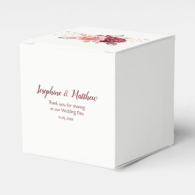 Boho Roses Feathers Lights Wedding Favor Boxes (Front Side)