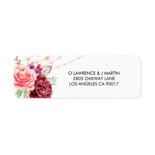 Boho Roses Feathers Lights Wedding Label (Front)