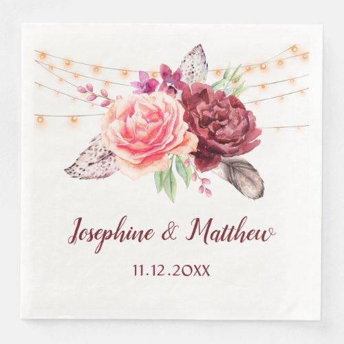 Boho Roses Feathers Lights Wedding Paper Dinner Napkins