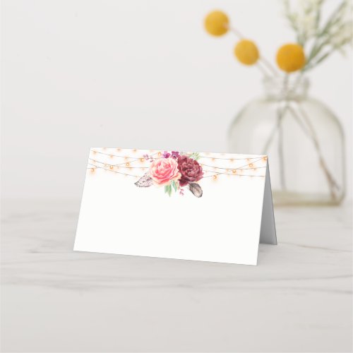 Boho Roses Feathers Lights Wedding Place Card