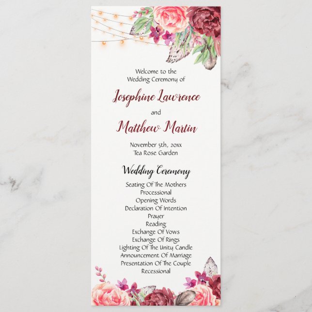 Boho Roses Feathers Lights Wedding Program (Front)