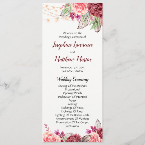 Boho Roses Feathers Lights Wedding Program