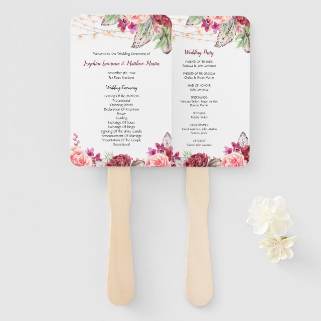 Boho Roses Feathers Lights Wedding Program Hand Fan (Front and Back)