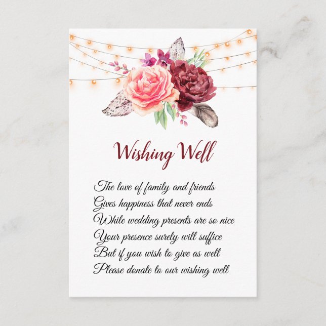 Boho Roses Feathers Lights Wedding Wishing Well Enclosure Card (Front)