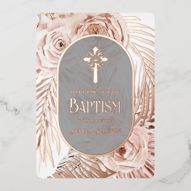 Boho Roses Floral Cross Baptism Foil Invitation (Front)