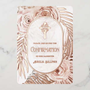 Boho Roses Floral Cross Confirmation Foil Invitation