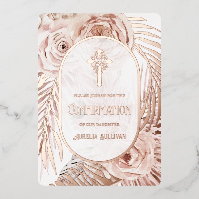 Boho Roses Floral Cross Confirmation Foil Invitation (Front)