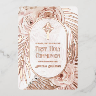 Boho Roses Floral Cross First Holy Communion Foil Invitation