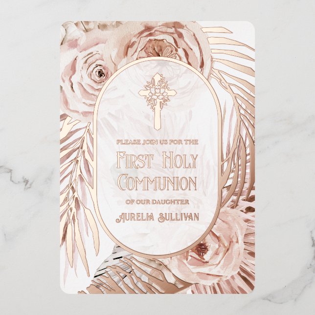 Boho Roses Floral Cross First Holy Communion Foil Invitation (Front)