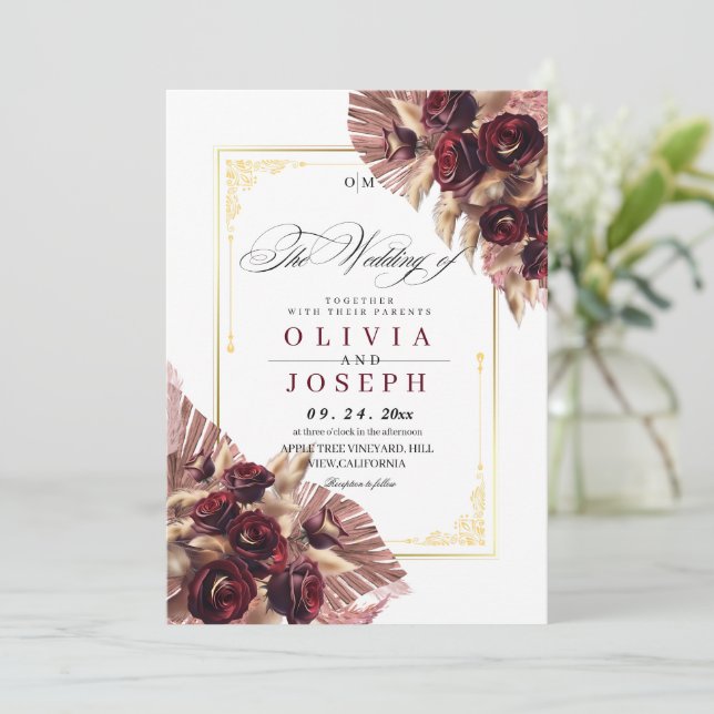 Boho Roses Floral Rustic Wedding  Invitation (Standing Front)