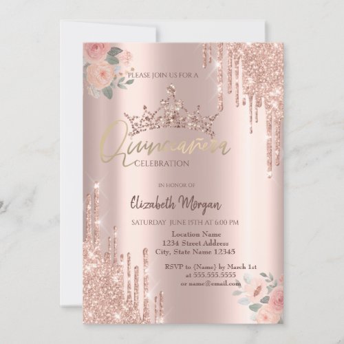 Boho Roses  Glitter Crown Drop Quinceaera  Invitation