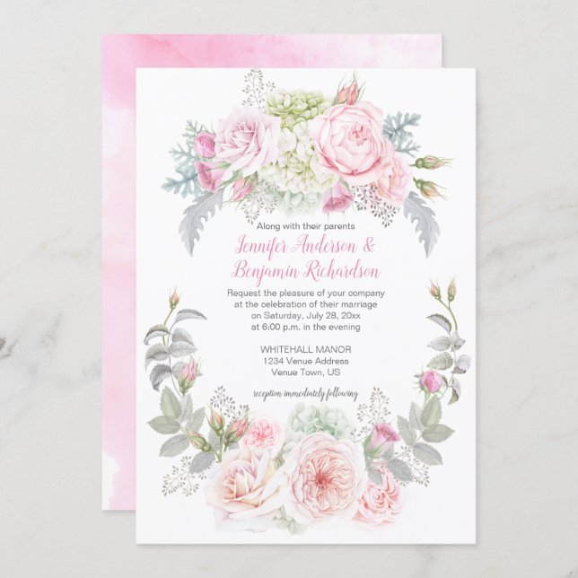 Boho Roses Hydrangeas Floral Wedding Invitations (Front/Back)