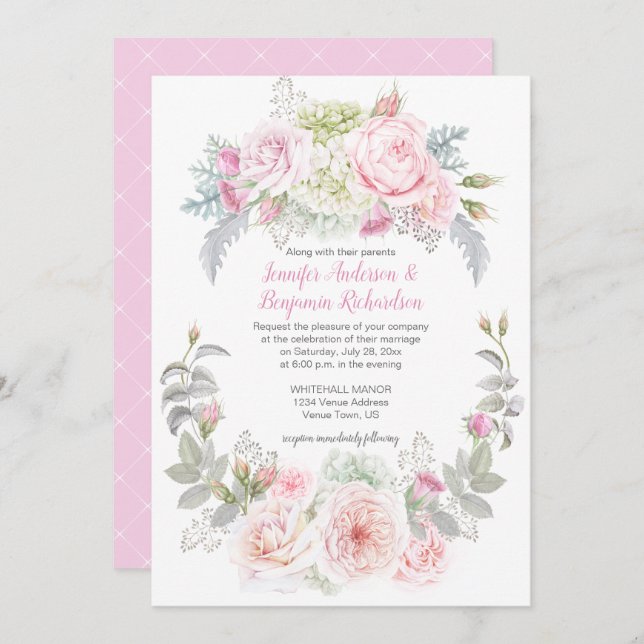 Boho Roses Hydrangeas Floral Wedding Invitations (Front/Back)