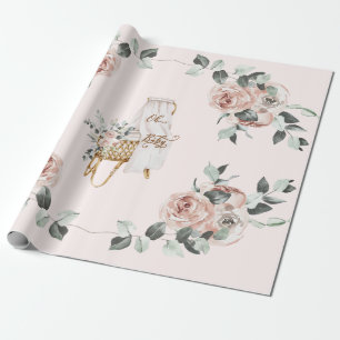 Boho Roses Oh Baby Brown and Pink Bassinet Wrapping Paper