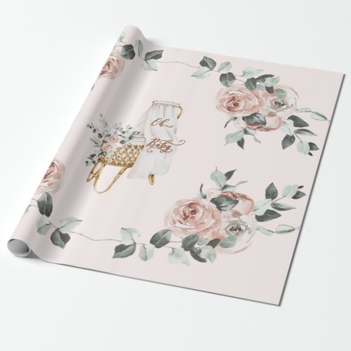 Boho Roses Oh Baby Brown and Pink Bassinet   Wrapping Paper