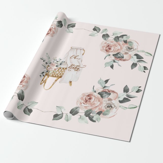Boho Roses Oh Baby Brown and Pink Bassinet   Wrapping Paper (Unrolled)