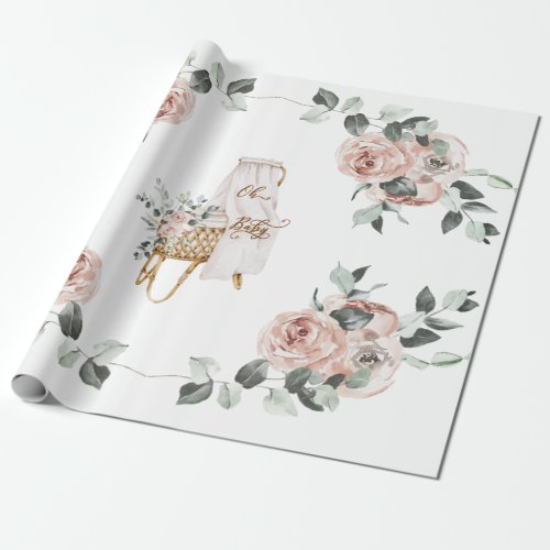 Boho Roses Oh Baby White and Pink Bassinet  Wrapping Paper