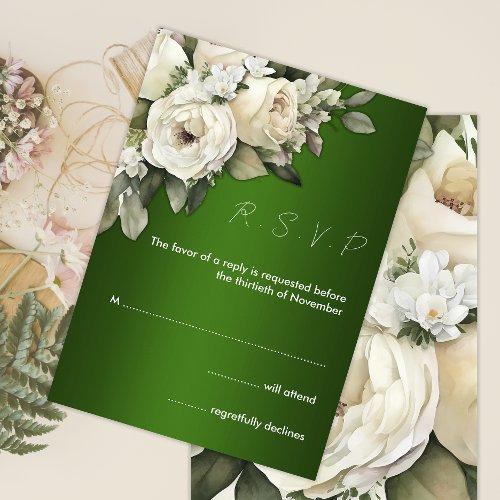 Boho Roses on Emerald Green Wedding RSVP Invitation