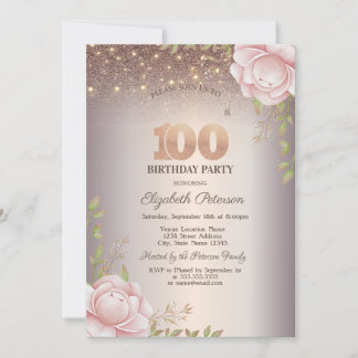 Boho Roses,String Lights Glitter 100th Birthday Invitation
