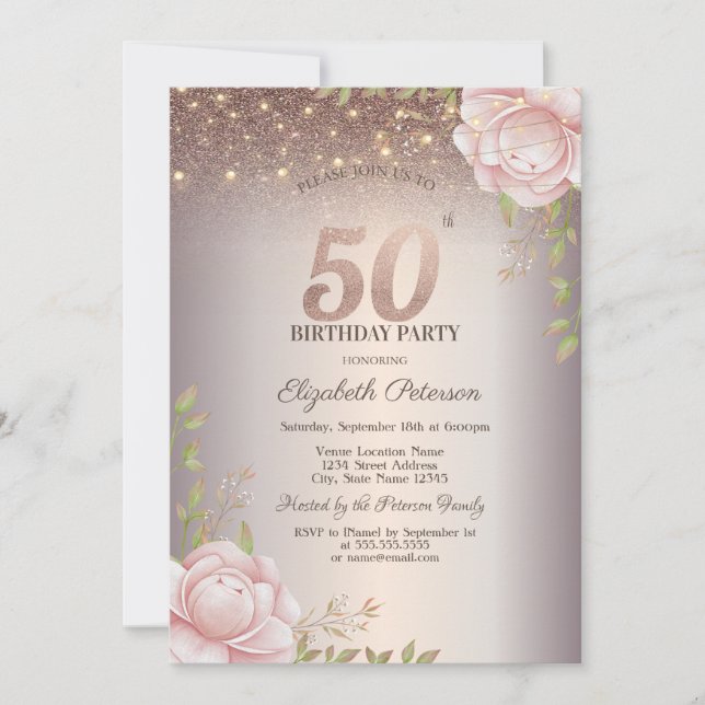 Boho Roses,String Lights Glitter 50th Birthday Invitation (Front)