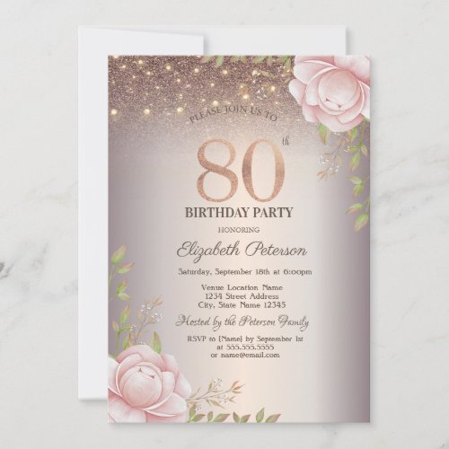 Boho Roses,String Lights Glitter 80th Birthday Invitation
