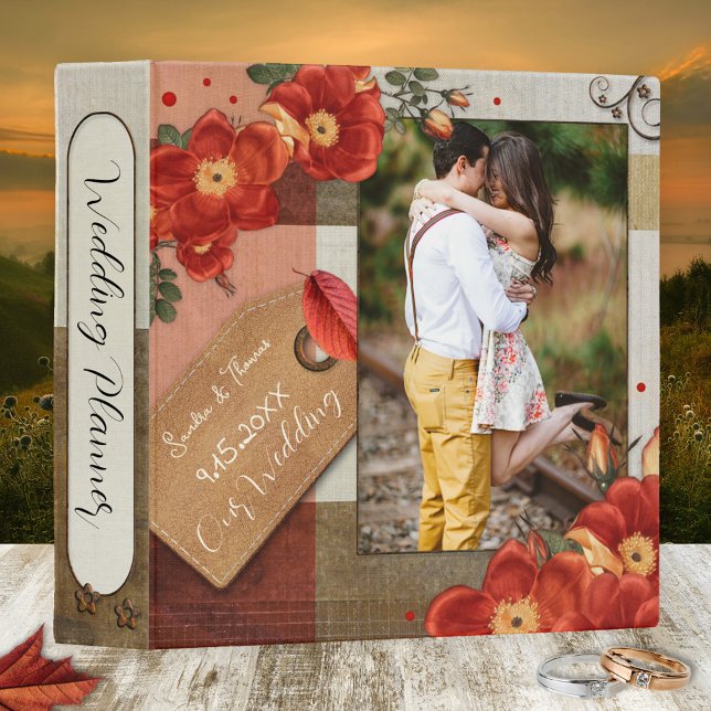 Boho Roses Terra Cotta Photo Wedding Binder (A scrapbook style wedding binder with roses and your custom photo)