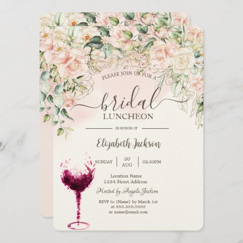 Boho RosesWine Glass Bridal Luncheon Invitation