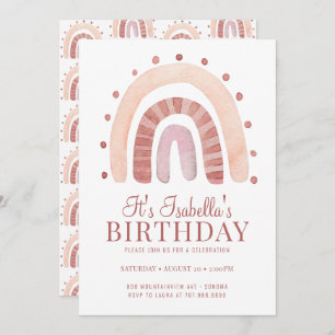 Boho Rosy Pink Brown Rainbow Kid's Birthday Party  Invitation