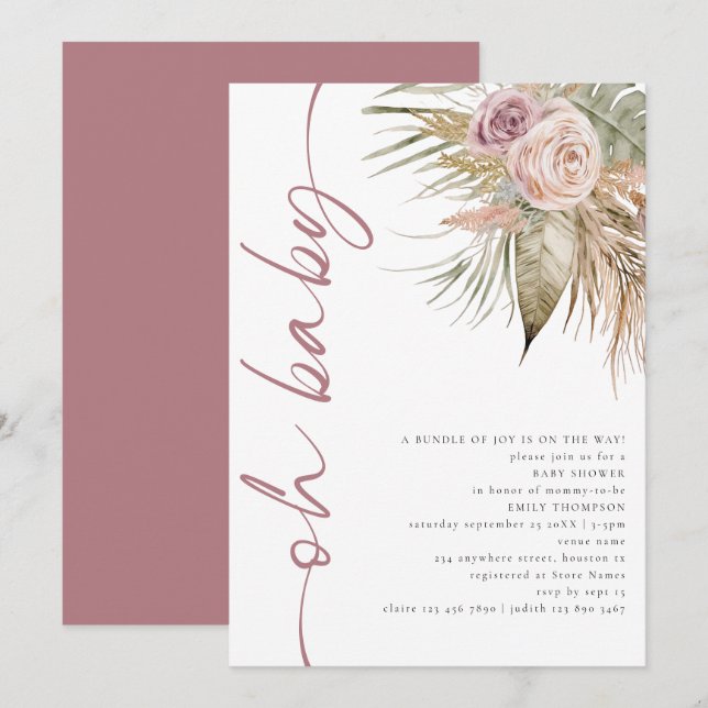 Boho Rotated Script Pampas Pink Oh Baby Shower Invitation (Front/Back)