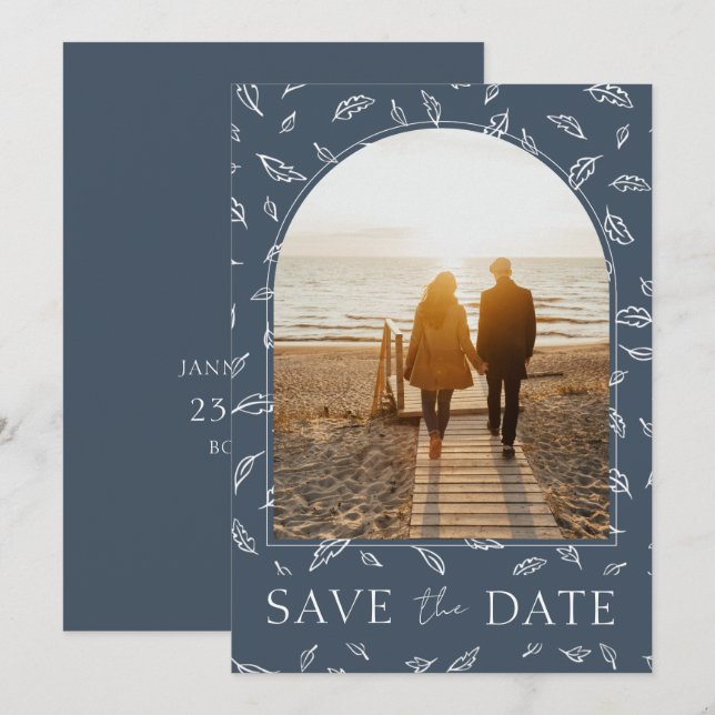 Boho Royal Blue Opulence Leaves Photo Wedding Save The Date (Front/Back)