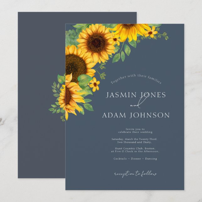 Boho Royal Blue Opulence Sunflowers Wedding Invitation (Front/Back)