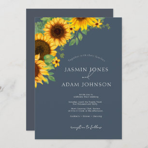 Boho Royal Blue Opulence Sunflowers Wedding Invitation
