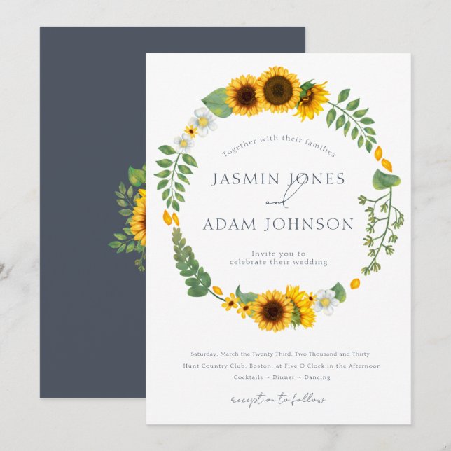 Boho Royal Blue Opulence Sunflowers Wedding Invitation (Front/Back)