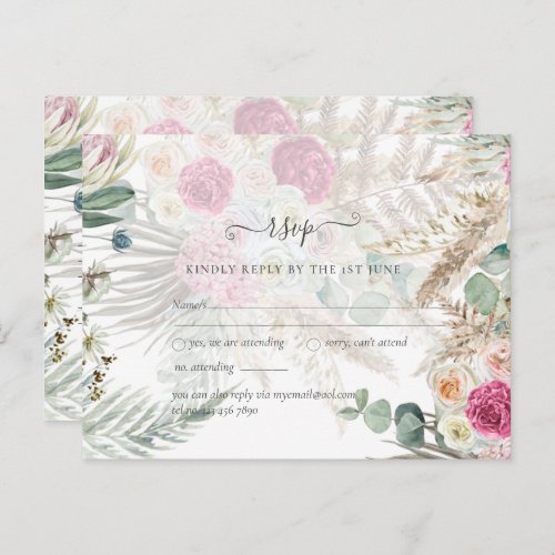 BOHO RSVP Pink Floral Pampas Grass Wedding Postcard