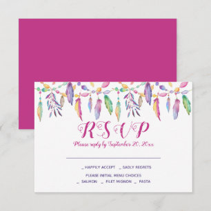 Boho RSVP Purple Wedding Feathers Native American Invitation